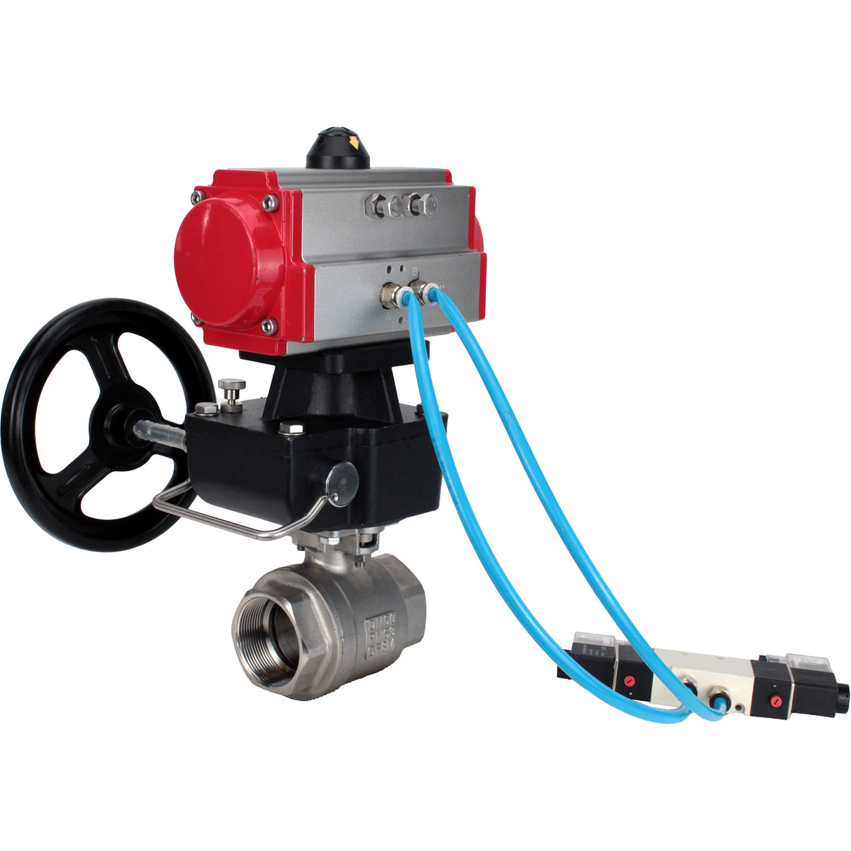 Kugelhähne Elephant BV3232P(2 Stück)-FP-T-ISO-H, Gehäusematerial - Edelstahl AISI 316, Dichtung - PTFE / PTFE / Teflon, mit pneumatischem Doppelwirkungsantrieb PA-DA, 4V320-10 220V, Handrad MON