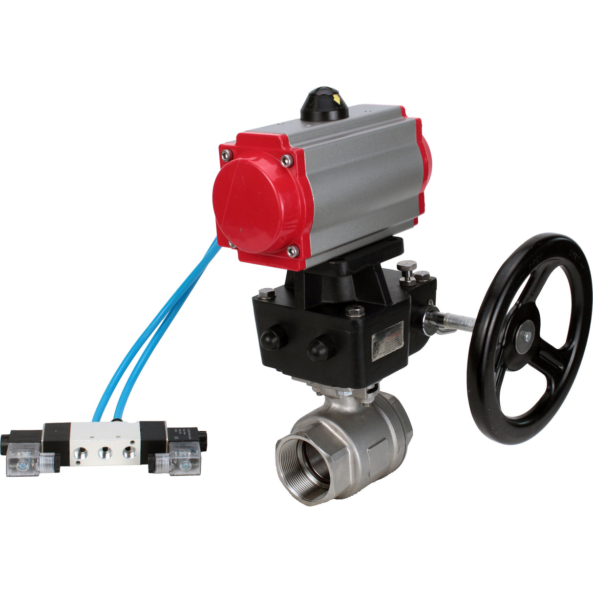 Kugelhähne Elephant BV3232P(2 Stück)-FP-T-ISO-H, Gehäusematerial - Edelstahl AISI 316, Dichtung - PTFE / PTFE / Teflon, mit pneumatischem Doppelwirkungsantrieb PA-DA, 4V320-10 220V, Handrad MON