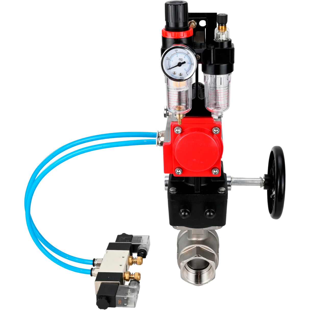 Kugelhähne Elephant BV3232P(2 Stück)-FP-T-ISO-H, Gehäusematerial - Edelstahl AISI 316, Dichtung - PTFE / PTFE / Teflon, mit pneumatischem Doppelwirkungsantrieb PA-DA, 4V320-10 220V, Handrad MON, ATU AFC2000