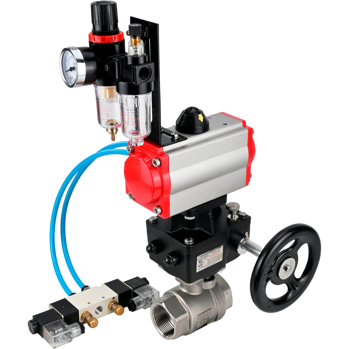 Kugelhähne Elephant BV3232P(2 Stück)-FP-T-ISO-H, Gehäusematerial - Edelstahl AISI 316, Dichtung - PTFE / PTFE / Teflon, mit pneumatischem Doppelwirkungsantrieb PA-DA, 4V320-10 220V, Handrad MON, ATU AFC2000