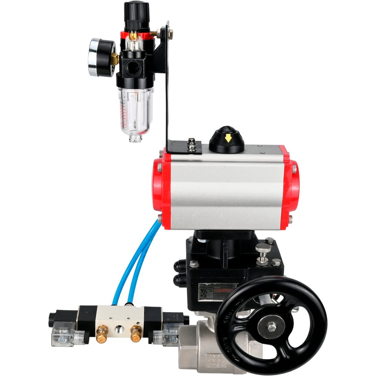Kugelhähne Elephant BV3232P(2 Stück)-FP-T-ISO-H, Gehäusematerial - Edelstahl AISI 316, Dichtung - PTFE / PTFE / Teflon, mit pneumatischem Doppelwirkungsantrieb PA-DA, 4V320-10 220V, Handrad MON, ATU AFC2000