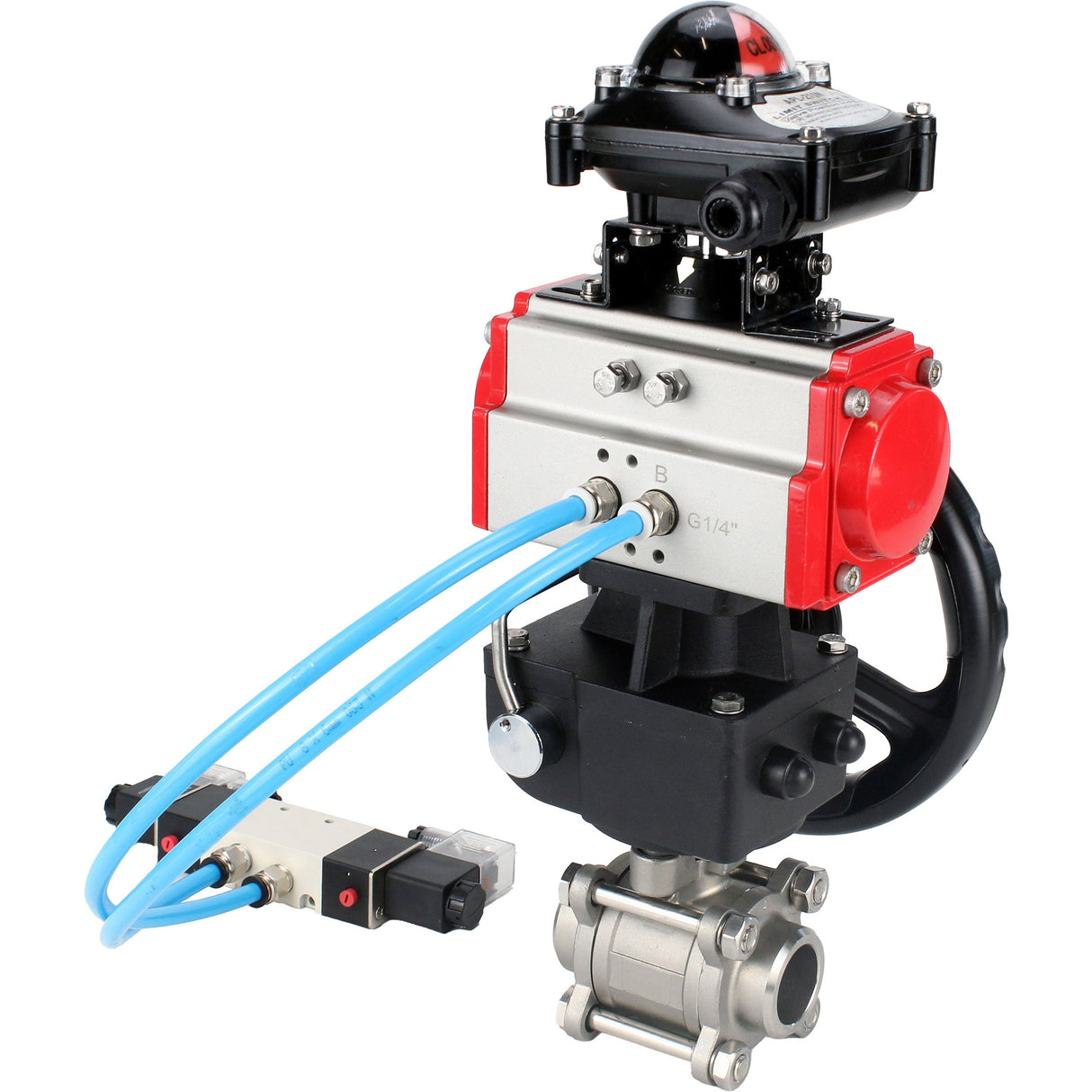 Kugelhähne Elephant BV3232P(3pc)-FP-W-ISO-H, Gehäusematerial - Edelstahl AISI 316, Dichtung - PTFE / PTFE / Teflon, mit pneumatischem Doppelwirkungsantrieb PA-DA, 4V320-10 220V, LSU APL-210N, Handrad MON