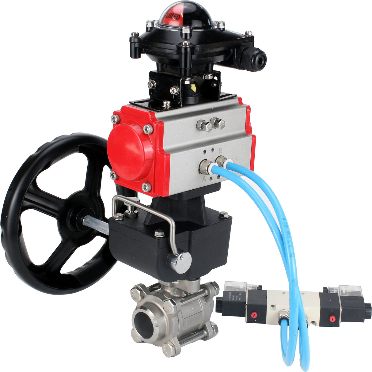 Kugelhähne Elephant BV3232P(3pc)-FP-W-ISO-H, Gehäusematerial - Edelstahl AISI 316, Dichtung - PTFE / PTFE / Teflon, mit pneumatischem Doppelwirkungsantrieb PA-DA, 4V320-10 220V, LSU APL-210N, Handrad MON