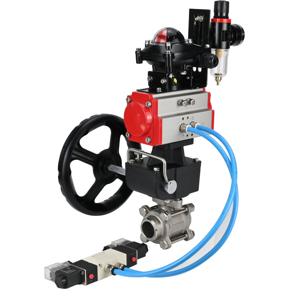 Kugelhähne Elephant BV3232P(3pc)-FP-W-ISO-H, Gehäusematerial - Edelstahl AISI 316, Dichtung - PTFE / PTFE / Teflon, mit pneumatischem Doppelwirkungsantrieb PA-DA, 4V320-10 220V, LSU APL-210N, Handrad MON, ATU AFC2000