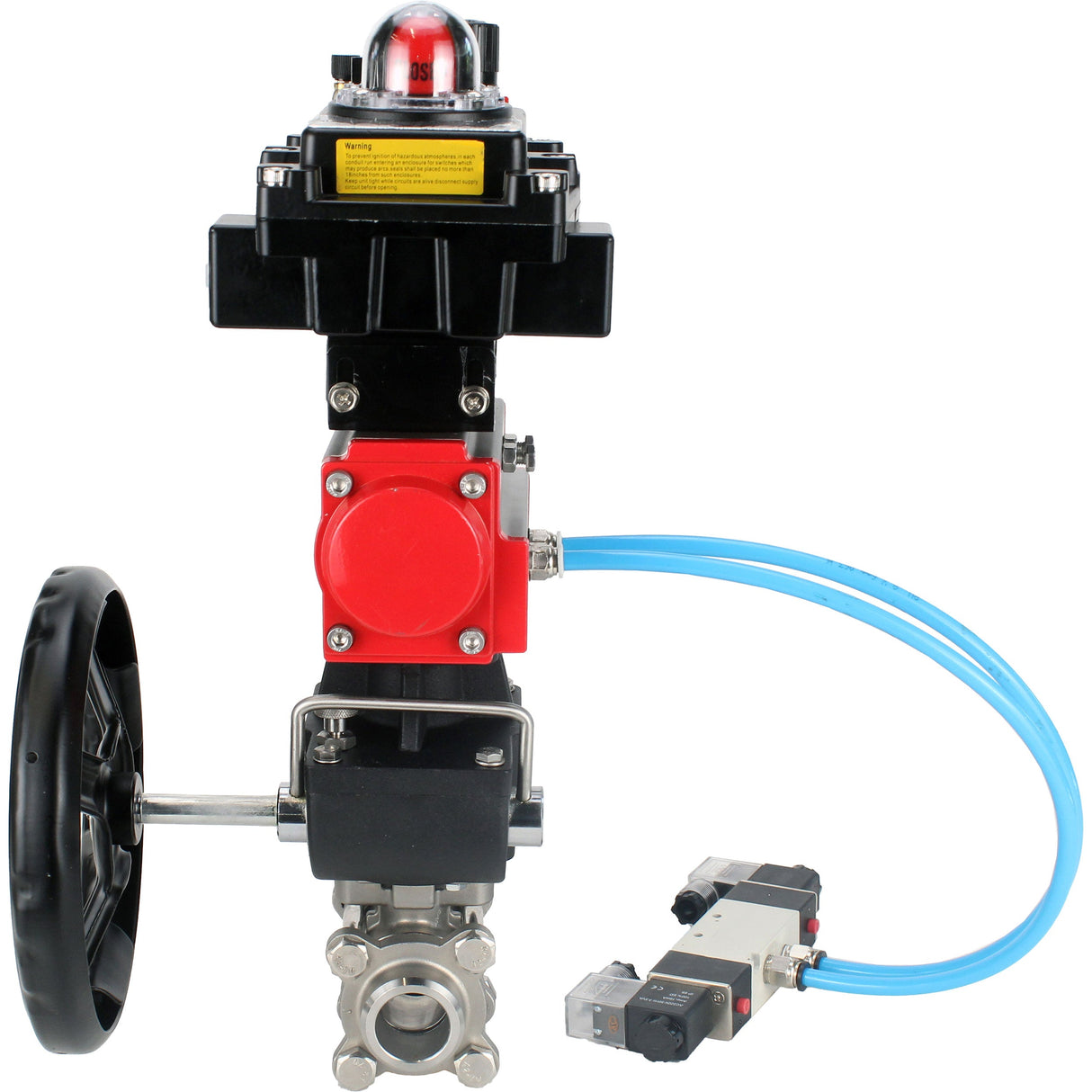 Kugelhähne Elephant BV3232P(3pc)-FP-W-ISO-H, Gehäusematerial - Edelstahl AISI 316, Dichtung - PTFE / PTFE / Teflon, mit pneumatischem Doppelwirkungsantrieb PA-DA, 4V320-10 220V, LSU APL-410N Ex, Handrad MON, ATU AFC2000