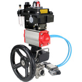 Kugelhähne Elephant BV3232P(3pc)-FP-W-ISO-H, Gehäusematerial - Edelstahl AISI 316, Dichtung - PTFE / PTFE / Teflon, mit pneumatischem Doppelwirkungsantrieb PA-DA, 4V320-10 220V, LSU APL-410N Ex, Handrad MON, ATU AFC2000
