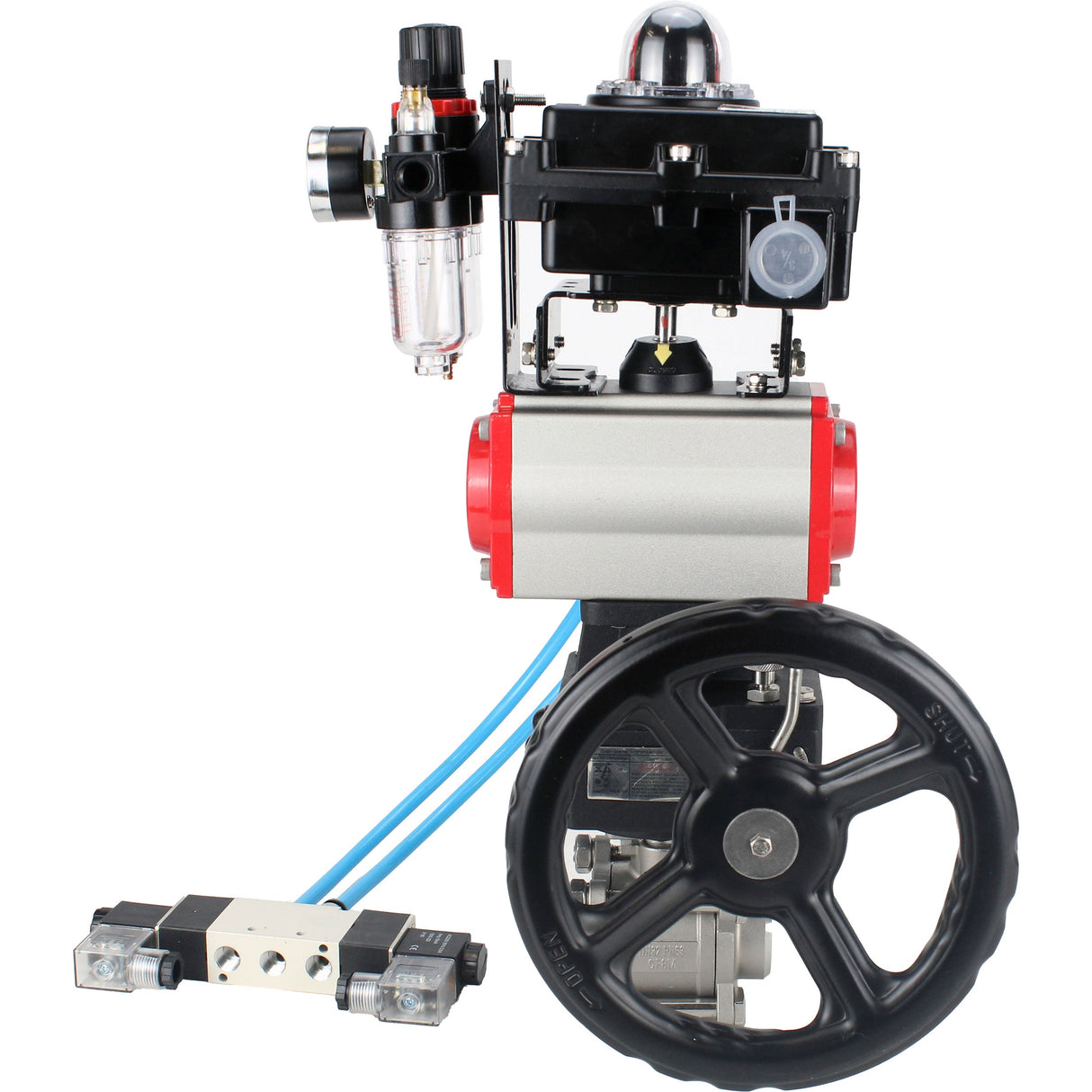 Kugelhähne Elephant BV3232P(3pc)-FP-W-ISO-H, Gehäusematerial - Edelstahl AISI 316, Dichtung - PTFE / PTFE / Teflon, mit pneumatischem Doppelwirkungsantrieb PA-DA, 4V320-10 220V, LSU APL-410N Ex, Handrad MON, ATU AFC2000
