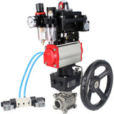 Kugelhähne Elephant BV3232P(3pc)-FP-W-ISO-H, Gehäusematerial - Edelstahl AISI 316, Dichtung - PTFE / PTFE / Teflon, mit pneumatischem Doppelwirkungsantrieb PA-DA, 4V320-10 220V, LSU APL-410N Ex, Handrad MON, ATU AFC2000