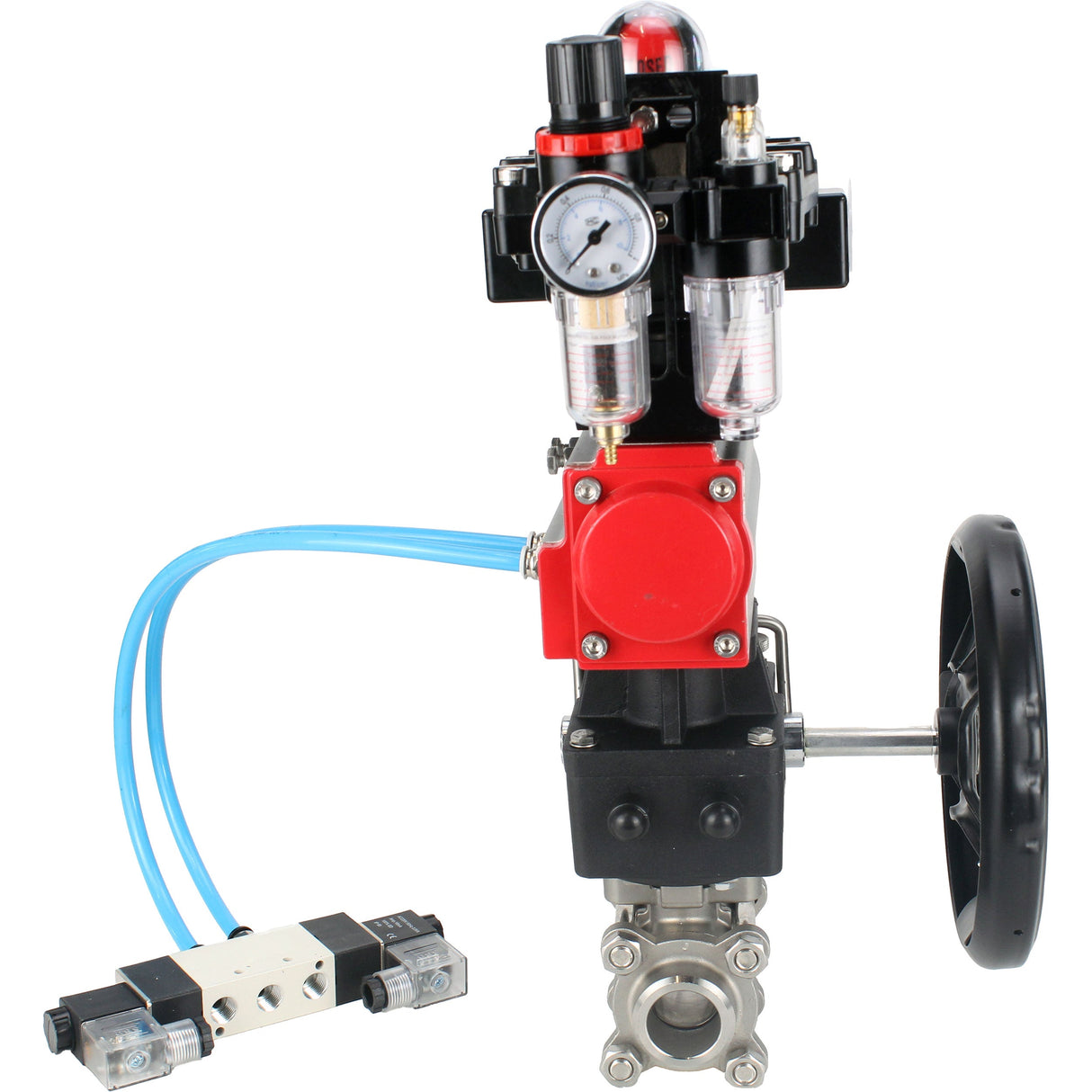Kugelhähne Elephant BV3232P(3pc)-FP-W-ISO-H, Gehäusematerial - Edelstahl AISI 316, Dichtung - PTFE / PTFE / Teflon, mit pneumatischem Doppelwirkungsantrieb PA-DA, 4V320-10 220V, LSU APL-410N Ex, Handrad MON, ATU AFC2000