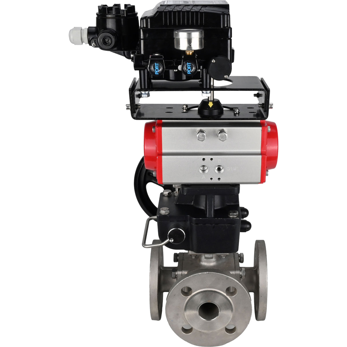Ball valves Elephant BV3232P(4pc)-FP-3WL-F-ISO-H 16 bar full bore, flanged, body - stainless steel SS316, ISO flange F03/F04-F10/F12, square 9x9-19x19, with Mon/PA-DA drive, pneumatic positioner YT-1000RSN without feedback and Doubler MON3-700-T3