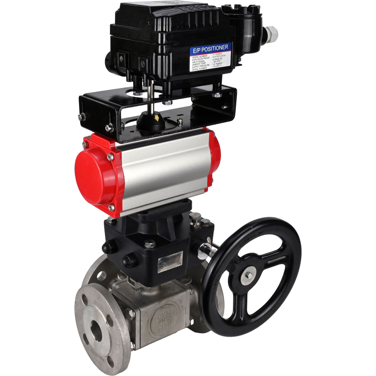 Ball valves Elephant BV3232P(4pc)-FP-3WL-F-ISO-H 16 bar full bore, flanged, body - stainless steel SS316, ISO flange F03/F04-F10/F12, square 9x9-19x19, with Mon/PA-DA drive, pneumatic positioner YT-1000RSN without feedback and Doubler MON3-700-T3