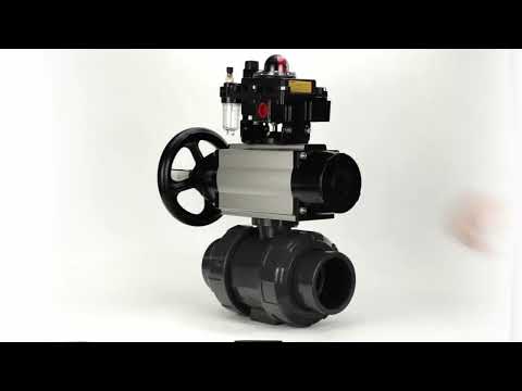 Ball valves Elephant BV4242E-FP-GRM-ISO, body material - UPVC, ball material - UPVC, seal - EPDM, with pneumatic actuator double action PA-DA-105-1, pneumatic distributor 4M310-08 220V, LSU APL-410N EX and ATU AFC2000