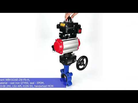 Wasser-Schmetterlingsventil Elephant WBV1616E-2W-Fb-H, Gehäusematerial - Gusseisen QT450, Scheibenmaterial - Gusseisen QT450, Dichtung - EPDM, pneumatischer Antrieb PA-DA Doppelwirkung, 4M310-08 24V, LSU APL-410N EX, Handrad MON