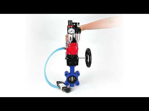 Wasser-Schmetterlingsventil Elephant WBV1616E-2W-Fb-H, Gehäusematerial - Gusseisen QT450, Scheibenmaterial - Gusseisen QT450, Dichtung - EPDM, mit pneumatischem Doppelwirkungsantrieb PA-DA, 4V320-10 220V, Handrad MON, ATU AFC2000