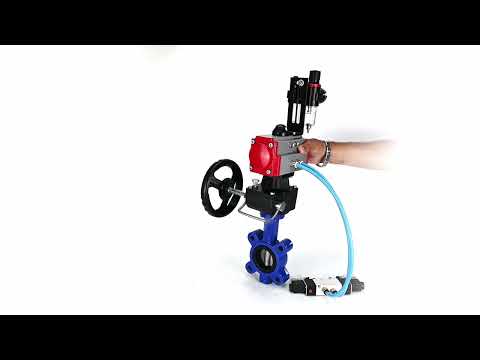 Wasser-Schmetterlingsventil Elephant WBV1631E-2W-Fb-H, Gehäusematerial - Gusseisen QT450, Scheibenmaterial - Edelstahl AISI 304, Dichtung - EPDM, pneumatischer Antrieb PA-DA Doppelwirkung, 4V320-08 220V Handrad MON, ATU AFC2000