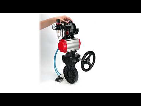 Butterfly valves Elephant WBV4242E-2W-Fb-ISO, body material - UPVC, disc material - UPVC, seal - EPDM, with pneumatic actuator double action PA-DA, pneumatic distributor 4V320-08 220V, LSU APL-510N EX, ATU AFC2000 and handwheel MON