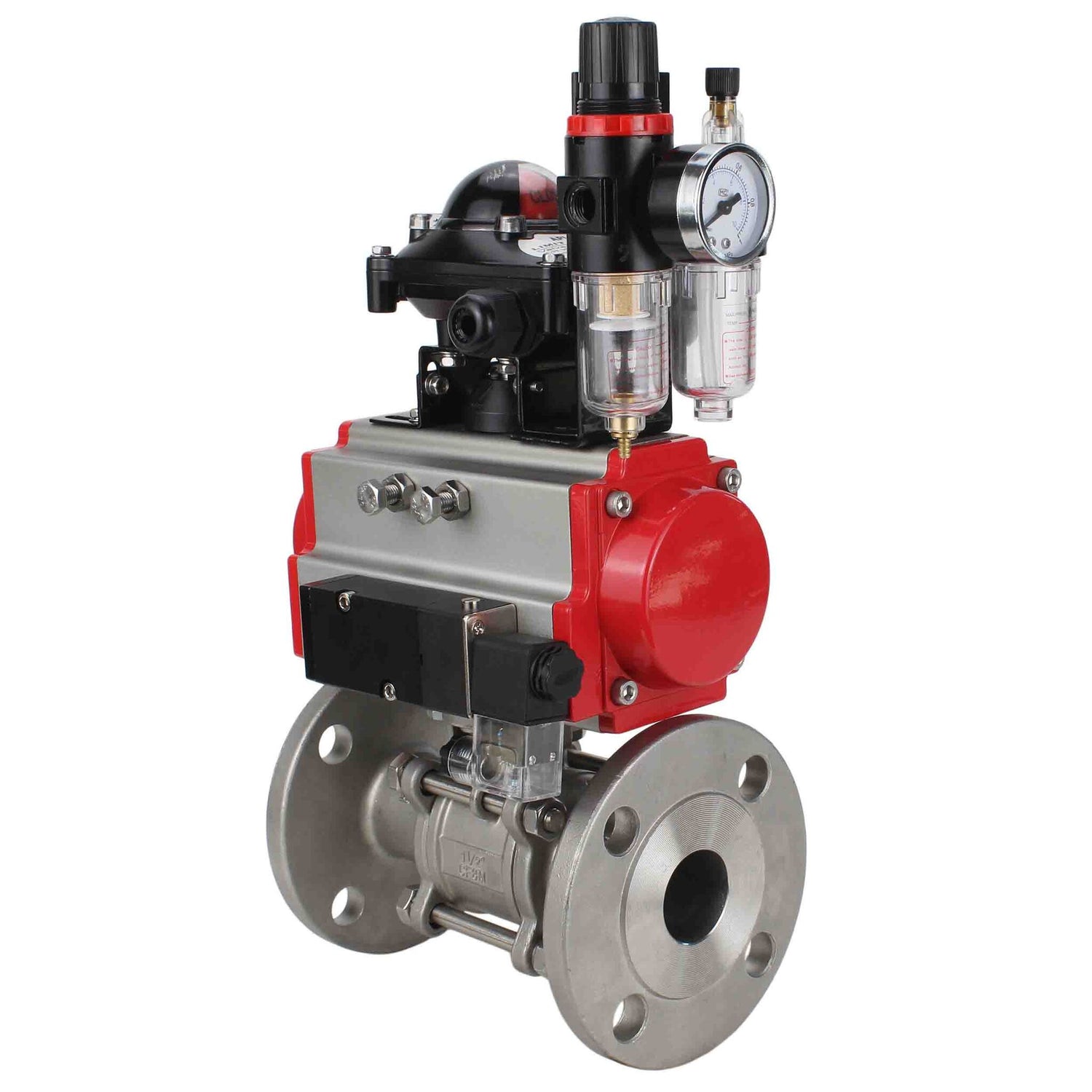 Kugelhahn aus Edelstahl Elephant ksfpt-304-180-sa-4m310-24v-apl210n-afc2000, Gehäusematerial - Edelstahl AISI 304, Kugelmaterial - Edelstahl AISI 304, Dichtung - PTFE, pneumatisch betätigt