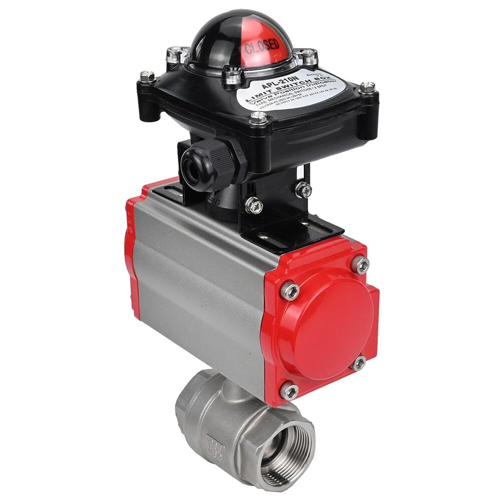 Edelstahl-Kugelhahn Elephant BVMP.316.230-ISO 914 PSI, mit Gewinde, voller Durchgang, Gehäusematerial - Edelstahl AISI 316, mit pneumatischem Antrieb mit Rückstellfedern Elephant SA, Endschalterblock APL-410N EX