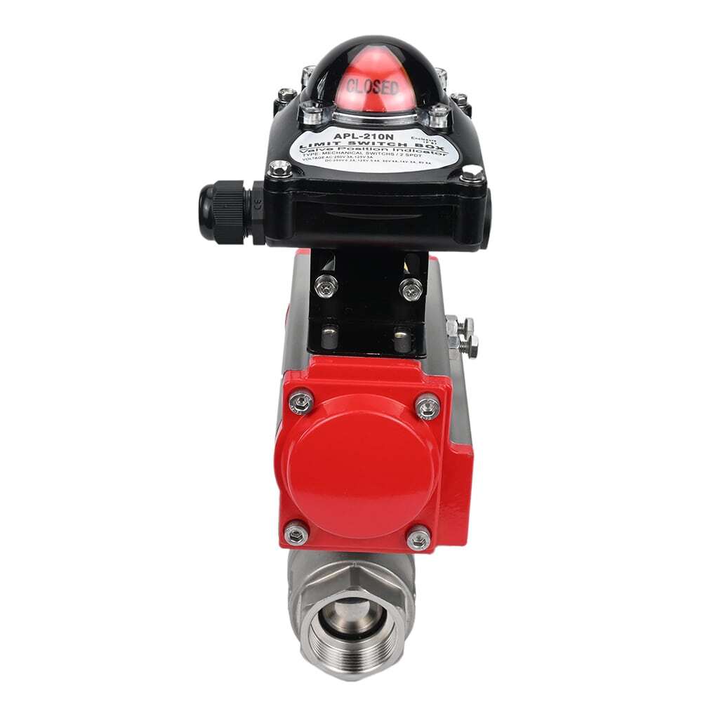 Edelstahl-Kugelhahn Elephant BVMP.316.230-ISO 914 PSI, mit Gewinde, voller Durchgang, Gehäusematerial - Edelstahl AISI 316, mit pneumatischem Antrieb mit Rückstellfedern Elephant SA, Endschalterblock APL-410N EX