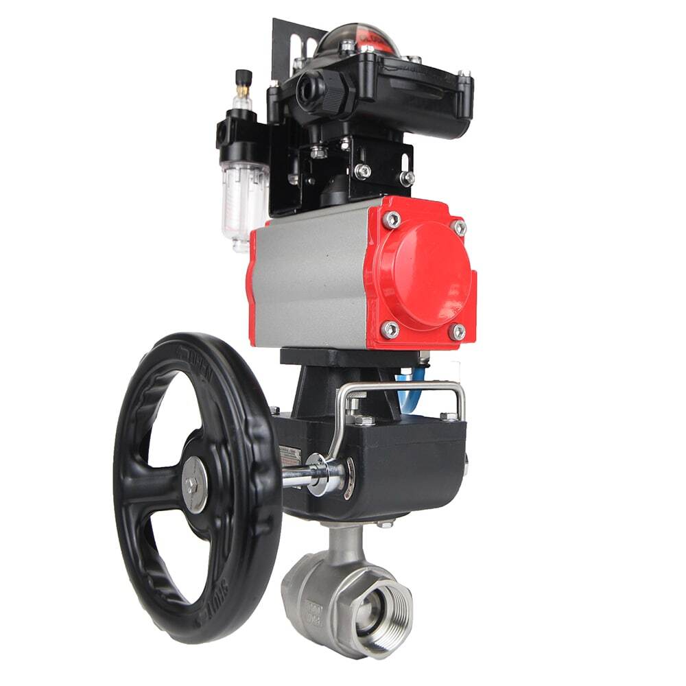 Kugelhahn aus Edelstahl Elephant BVMP.316.230-ISO 914 PSI, mit Gewinde, voller Durchgang, Gehäusematerial - Edelstahl AISI 316, mit doppeltwirkendem Pneumatikaktuator Elephant DA, Pneumatikverteiler 4M310-08 220V, Endschalterblock APL-410N EX, manuell