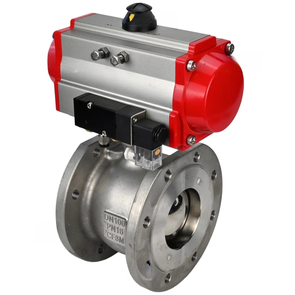 Ball valves Elephant BV3232P-FP-Fb-ISO-H DN15-100 16 bar stainless, full bore, double-acting PA-DA-052-105 pneumatic actuators with flange connections and 4M310-08 NAMUR 24V pneumatic distributor