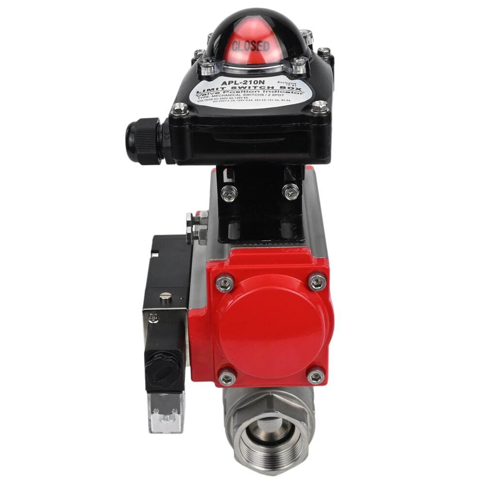 Edelstahl-Kugelhahn Elephant BVMP.316.230-ISO 914 PSI, mit Gewinde, voller Durchgang, Gehäusematerial - Edelstahl AISI 316, mit doppeltwirkendem pneumatischem Antrieb Elephant DA, pneumatischem Verteiler 4M310-08 24V, Endschalterblock APL-410N EX