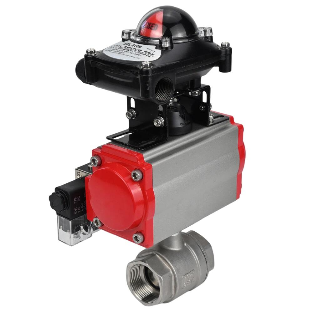 Edelstahl-Kugelhahn Elephant BVMP.316.230-ISO 914 PSI, mit Gewinde, voller Durchgang, Gehäusematerial - Edelstahl AISI 316, mit doppeltwirkendem pneumatischem Antrieb Elephant DA, pneumatischem Verteiler 4M310-08 24V, Endschalterblock APL-410N EX