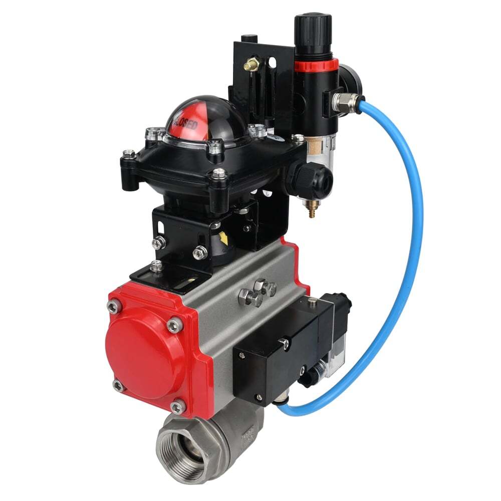 Edelstahl-Kugelhahn Elephant BVMP.316.230-ISO 914 PSI, mit Gewinde, voller Durchgang, Gehäusematerial - Edelstahl AISI 316, mit doppeltwirkendem pneumatischem Antrieb Elephant DA, pneumatischem Verteiler 4M310-08 24V, Endschalterblock APL-410N EX, Luft