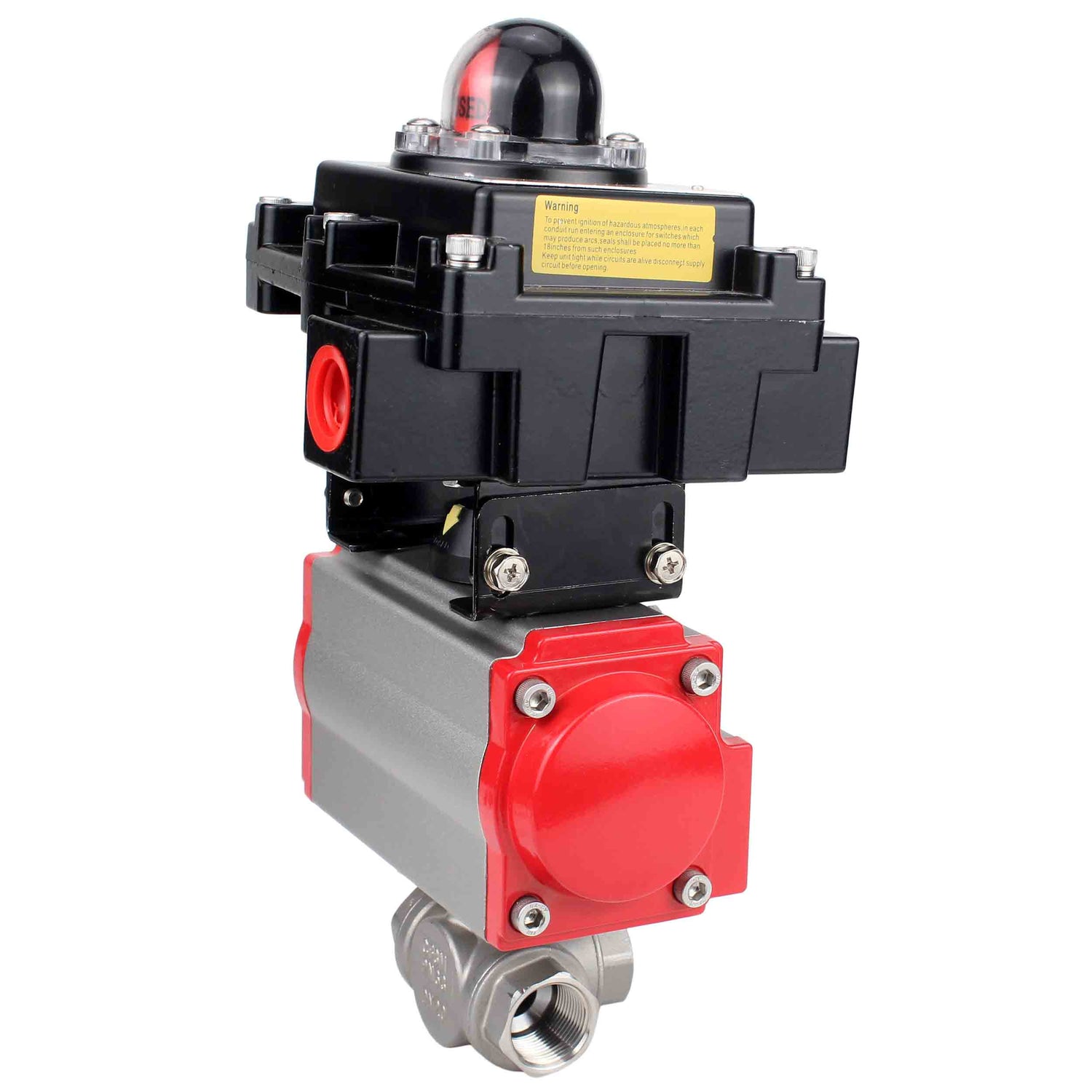 Edelstahl 3-Wege-Kugelhähne L-Typ Standardbohrung Elephant BV3232P-SP-3WL-T-ISO 16 bar, Kupplung mit ISO-Flansch mit pneumatischen Antrieben Elephant PA-SA-1 und LSU APL-410N EX