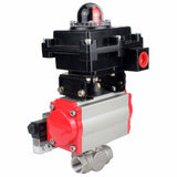 Edelstahl-Kugelhahn Elephant RP.SS316.200.MM.ISO 914 PSI mit Gewinde, Standardanschluss, Dreiweg, L-Typ, Gehäusematerial - Edelstahl AISI 316, pneumatischer Antrieb DA, pneumatischer Verteiler 4M310-08 220V, Endschalterblock APL-410N EX
