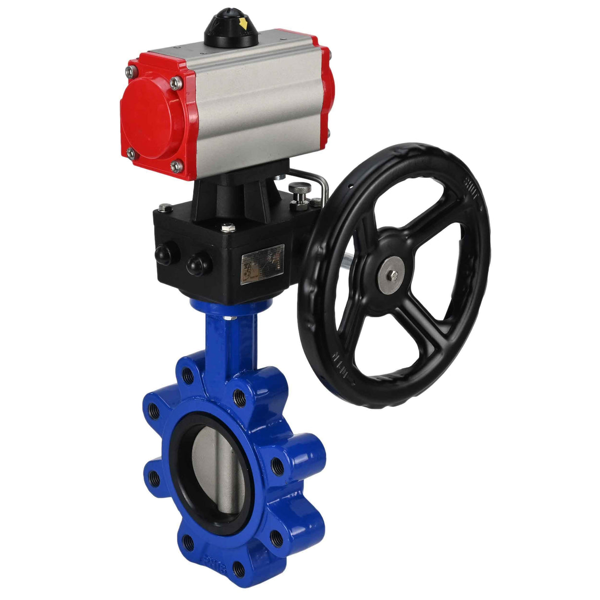 Wasser-Schmetterlingsventil Elephant WBV1631E-2W-Fb-H, Gehäusematerial - Gusseisen QT450, Scheibenmaterial - Edelstahl AISI 304, Dichtung - EPDM, mit pneumatischem Doppelwirkungsantrieb PA-DA, Handrad MON