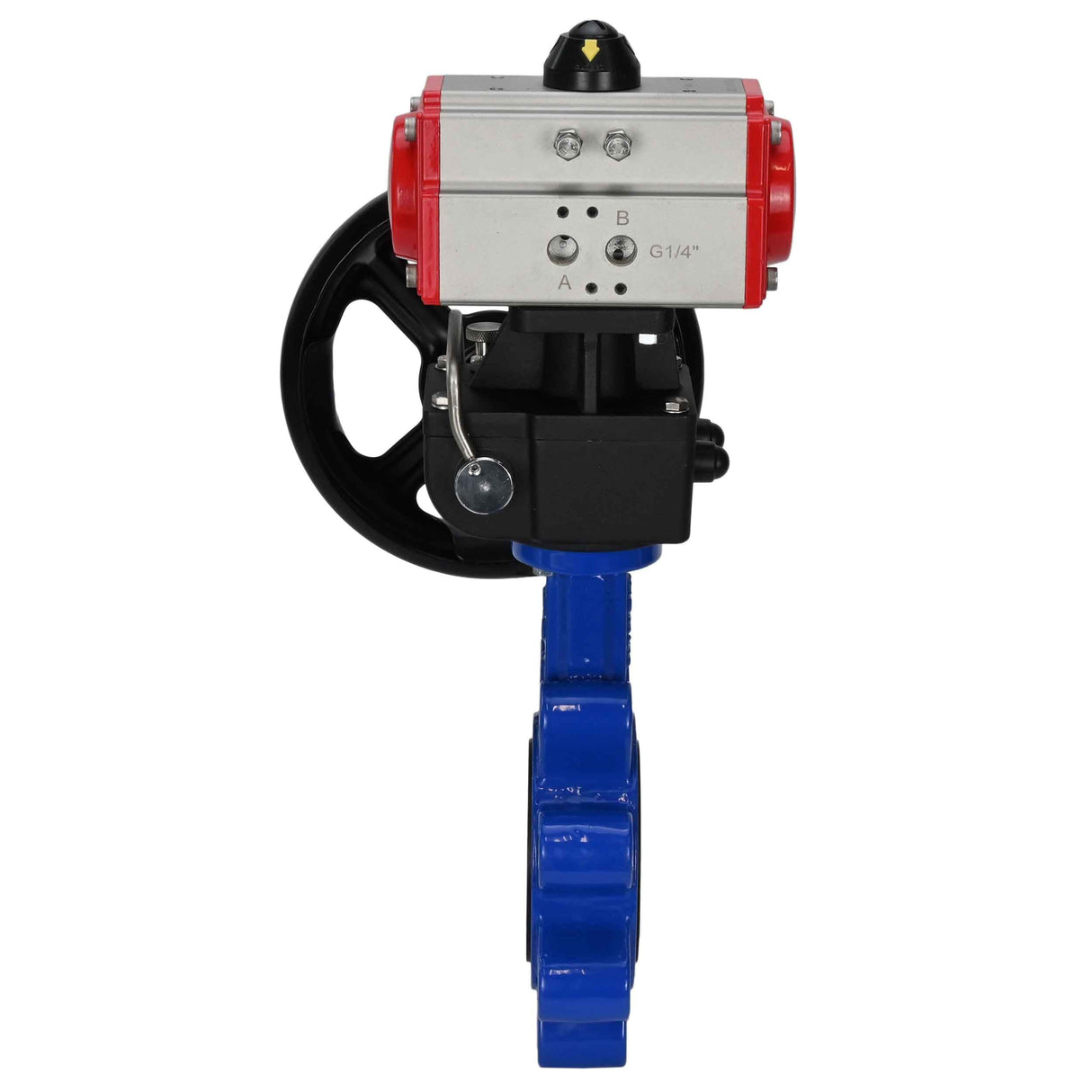 Wasser-Schmetterlingsventil Elephant WBV1631E-2W-Fb-H, Gehäusematerial - Gusseisen QT450, Scheibenmaterial - Edelstahl AISI 304, Dichtung - EPDM, mit pneumatischem Doppelwirkungsantrieb PA-DA, Handrad MON