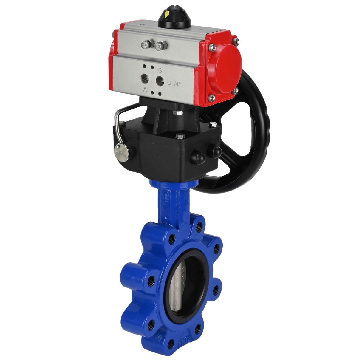 Wasser-Schmetterlingsventil Elephant WBV1631E-2W-Fb-H, Gehäusematerial - Gusseisen QT450, Scheibenmaterial - Edelstahl AISI 304, Dichtung - EPDM, mit pneumatischem Doppelwirkungsantrieb PA-DA, Handrad MON