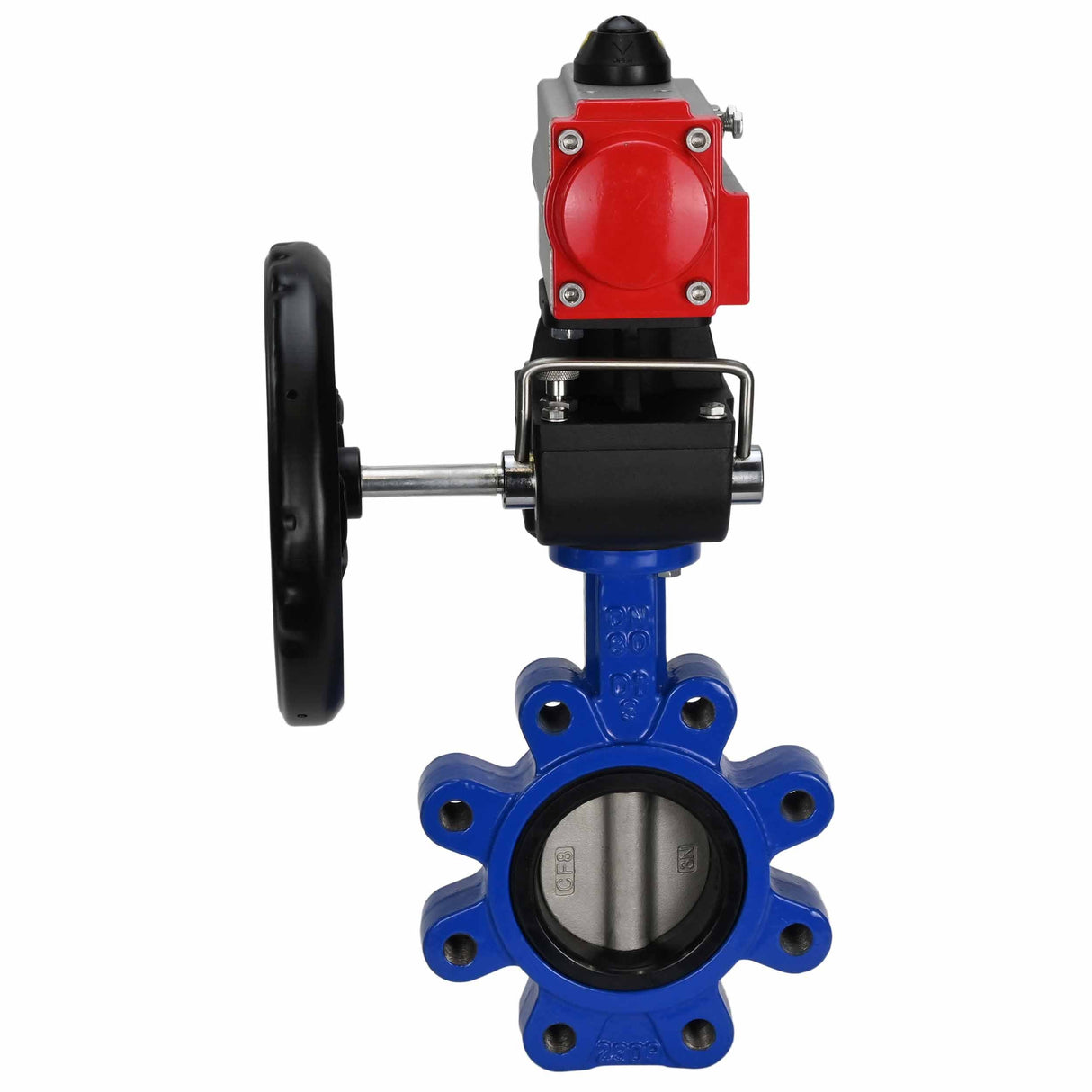 Wasser-Schmetterlingsventil Elephant WBV1631E-2W-Fb-H, Gehäusematerial - Gusseisen QT450, Scheibenmaterial - Edelstahl AISI 304, Dichtung - EPDM, mit pneumatischem Doppelwirkungsantrieb PA-DA, Handrad MON