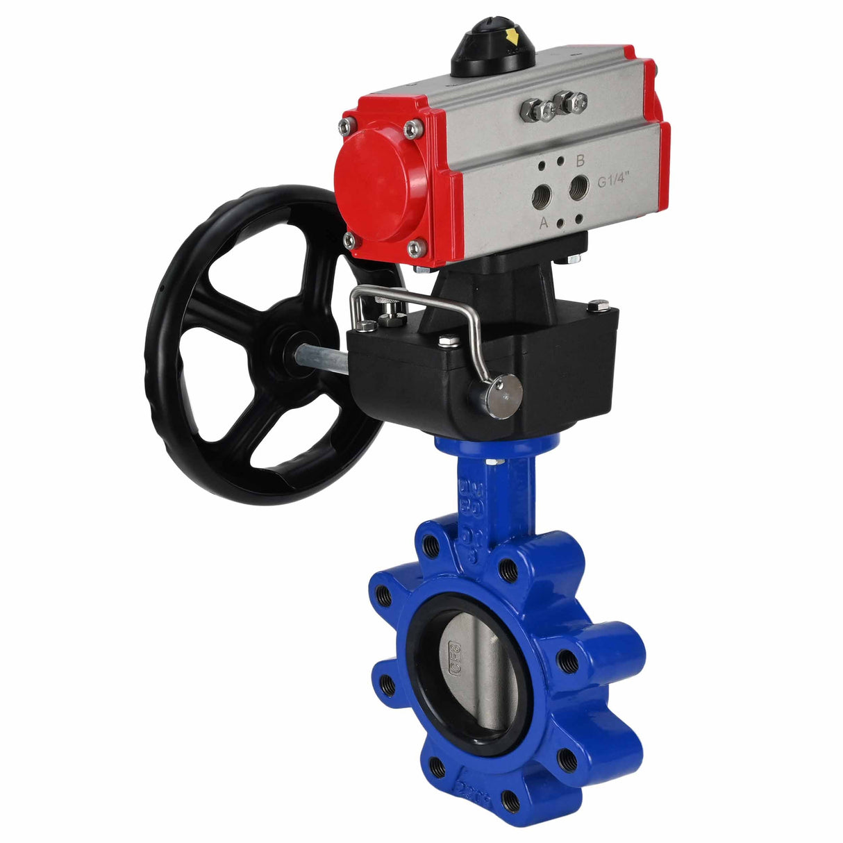 Wasser-Schmetterlingsventil Elephant WBV1631E-2W-Fb-H, Gehäusematerial - Gusseisen QT450, Scheibenmaterial - Edelstahl AISI 304, Dichtung - EPDM, mit pneumatischem Doppelwirkungsantrieb PA-DA, Handrad MON
