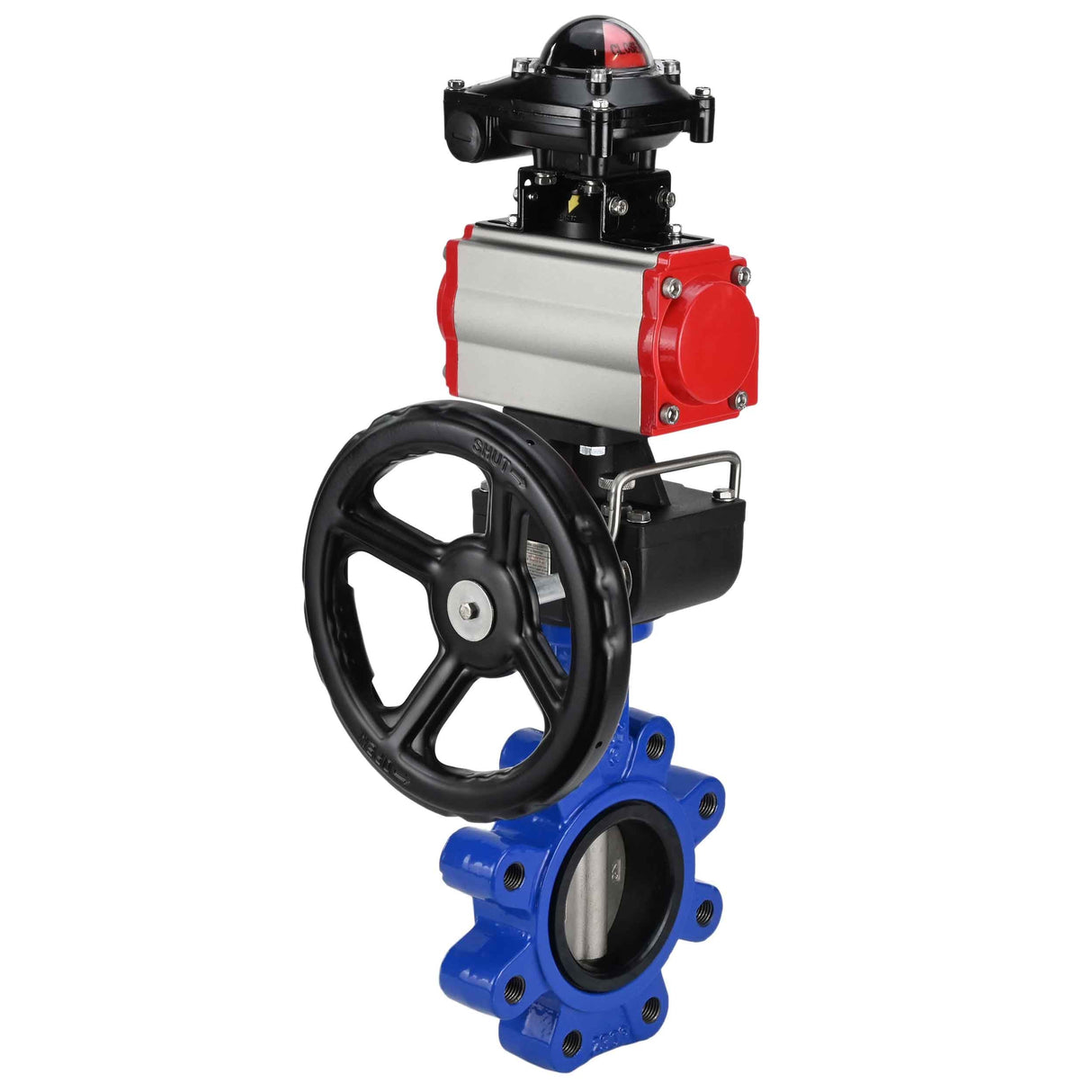 Wasser-Schmetterlingsventil Elephant WBV1631E-2W-Fb-H, Gehäusematerial - Gusseisen QT450, Scheibenmaterial - Edelstahl AISI 304, Dichtung - EPDM, mit pneumatischem Doppelwirkungsantrieb PA-DA, Handrad MON, LSU APL-210N