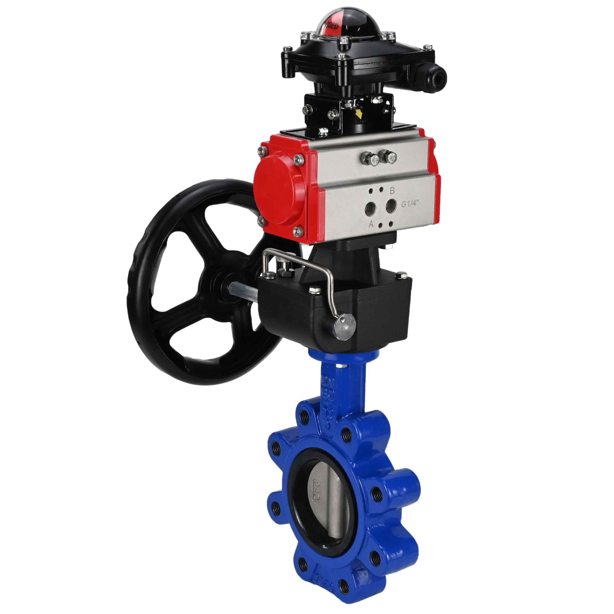 Wasser-Schmetterlingsventil Elephant WBV1631E-2W-Fb-H, Gehäusematerial - Gusseisen QT450, Scheibenmaterial - Edelstahl AISI 304, Dichtung - EPDM, mit pneumatischem Doppelwirkungsantrieb PA-DA, Handrad MON, LSU APL-210N