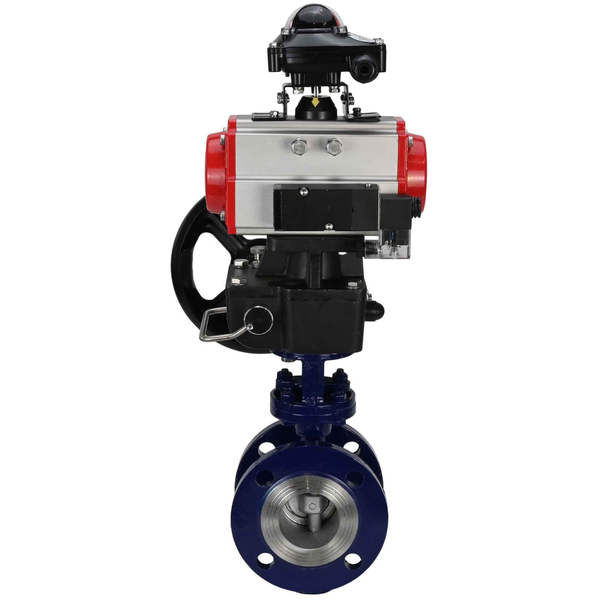 Wasser-Schmetterlingsventil Elephant WBV3EX-3432M-1W-F-ISO, Gehäusematerial - Kohlenstoffstahl, Scheibenmaterial - Edelstahl AISI 316, Dichtung - Metall, pneumatischer Antrieb PA-DA Doppelwirkung, 4M310-08 220V, LSU APL-210N, Handrad MON
