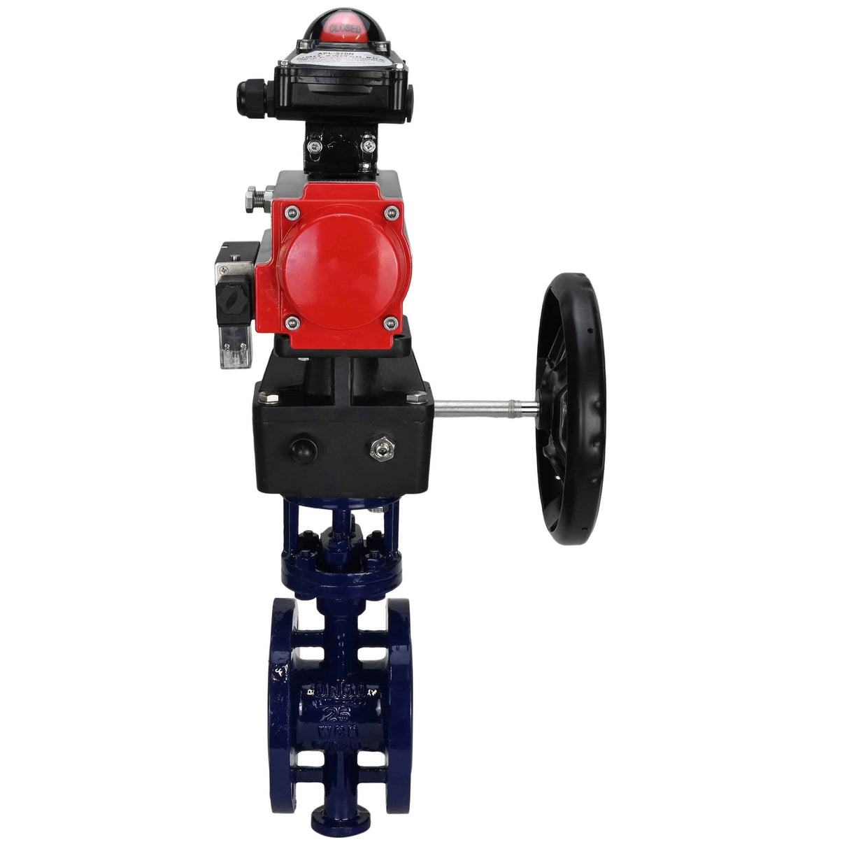 Wasser-Schmetterlingsventil Elephant WBV3EX-3432M-1W-F-ISO, Gehäusematerial - Kohlenstoffstahl, Scheibenmaterial - Edelstahl AISI 316, Dichtung - Metall, pneumatischer Antrieb PA-DA Doppelwirkung, 4M310-08 24V, LSU APL-210N, Handrad MON