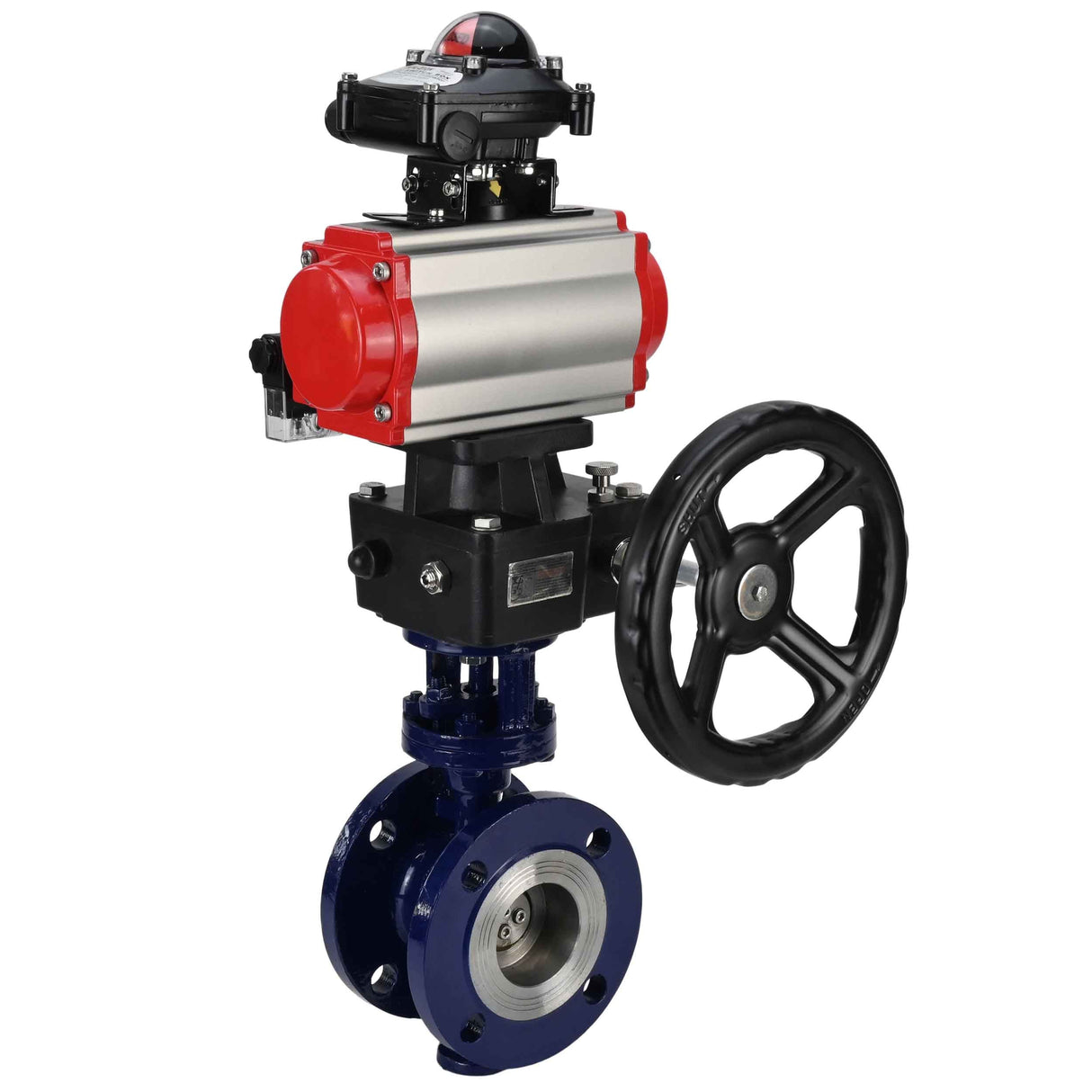 Wasser-Schmetterlingsventil Elephant WBV3EX-3432M-1W-F-ISO, Gehäusematerial - Kohlenstoffstahl, Scheibenmaterial - Edelstahl AISI 316, Dichtung - Metall, pneumatischer Antrieb PA-DA Doppelwirkung, 4M310-08 220V, LSU APL-210N, Handrad MON