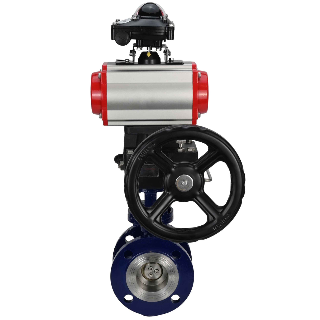 Wasser-Schmetterlingsventil Elephant WBV3EX-3432M-1W-F-ISO, Gehäusematerial - Kohlenstoffstahl, Scheibenmaterial - Edelstahl AISI 316, Dichtung - Metall, pneumatischer Antrieb PA-DA Doppelwirkung, 4M310-08 24V, LSU APL-210N, Handrad MON