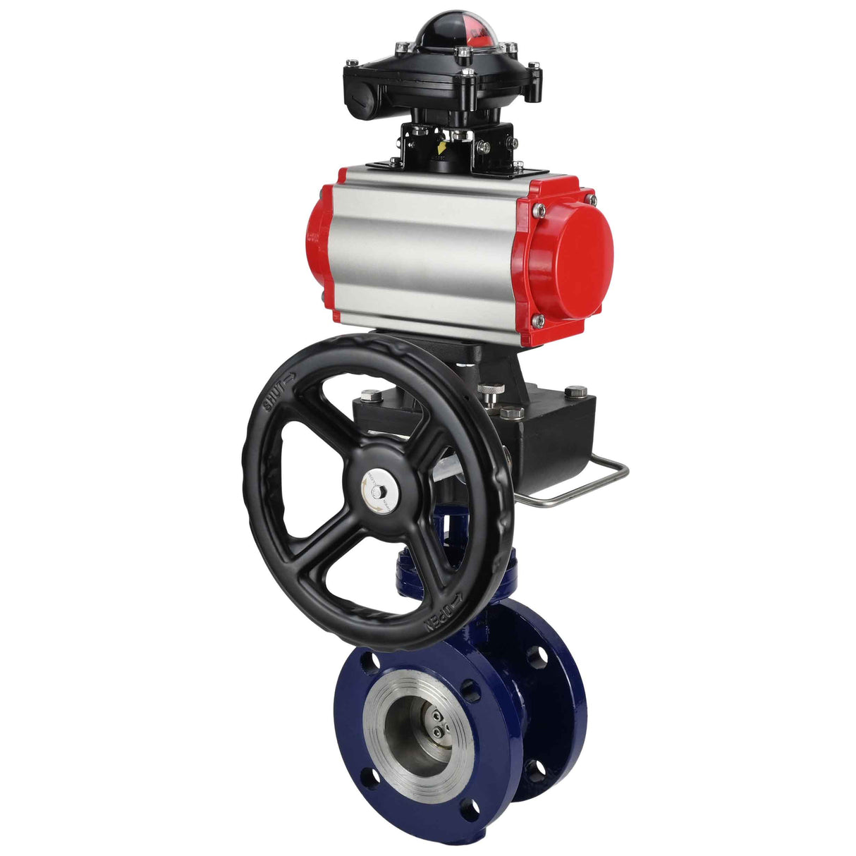 Wasser-Schmetterlingsventil Elephant WBV3EX-3432M-1W-F-ISO, Gehäusematerial - Kohlenstoffstahl, Scheibenmaterial - Edelstahl AISI 316, Dichtung - Metall, pneumatischer Antrieb PA-DA Doppelwirkung, 4M310-08 24V, LSU APL-210N, Handrad MON