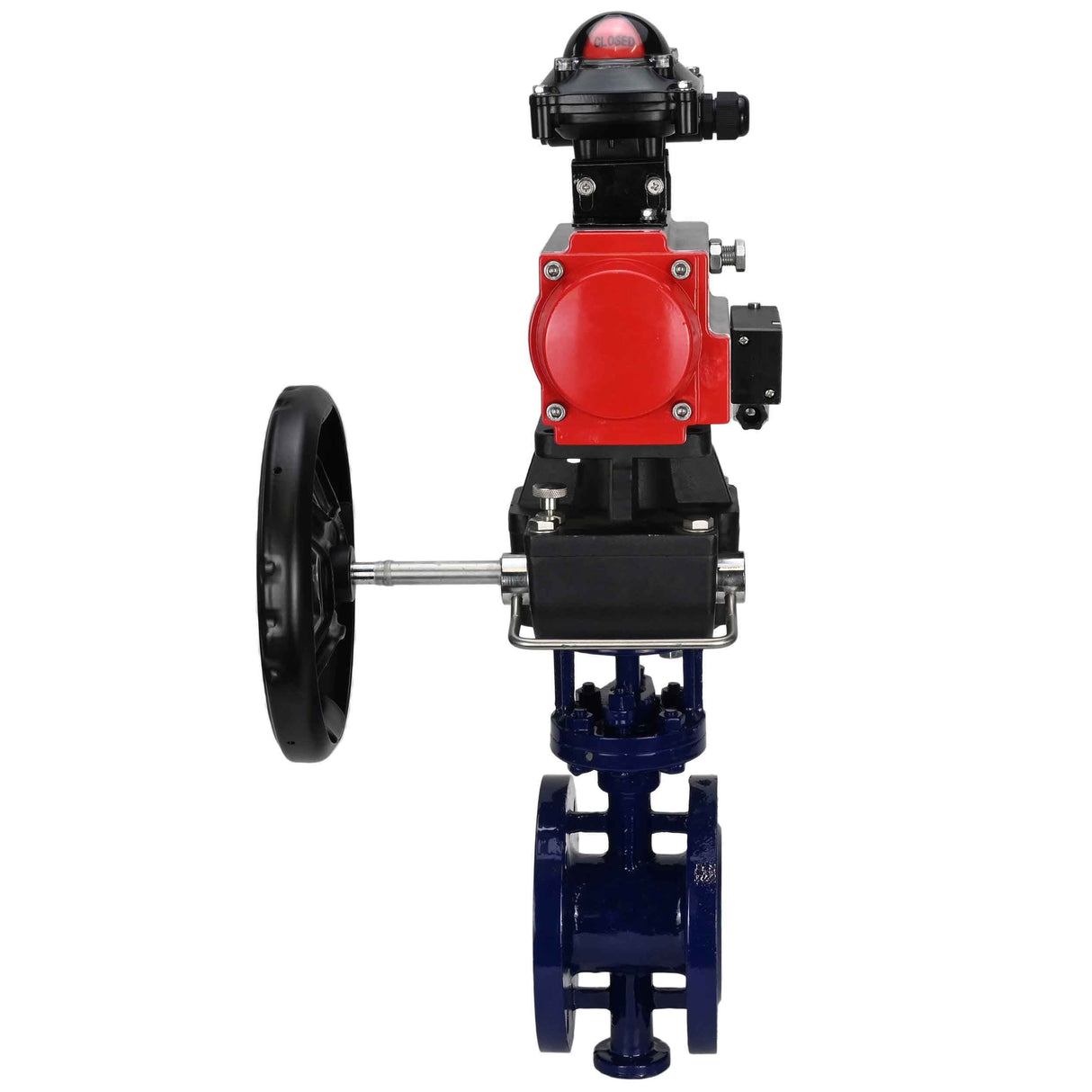 Wasser-Schmetterlingsventil Elephant WBV3EX-3432M-1W-F-ISO, Gehäusematerial - Kohlenstoffstahl, Scheibenmaterial - Edelstahl AISI 316, Dichtung - Metall, pneumatischer Antrieb PA-DA Doppelwirkung, 4M310-08 220V, LSU APL-210N, Handrad MON