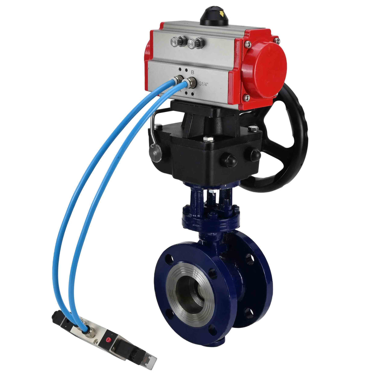 Wasser-Schmetterlingsventil Elephant WBV3EX-3432M-1W-F-ISO, Gehäusematerial - Kohlenstoffstahl, Scheibenmaterial - Edelstahl AISI 316, Dichtung - Metall, pneumatischer Antrieb PA-DA Doppelwirkung, 4V320-08 220V Handrad MON