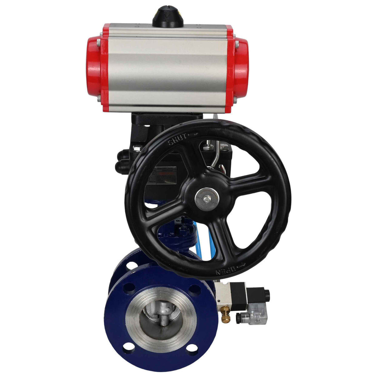 Wasser-Schmetterlingsventil Elephant WBV3EX-3432M-1W-F-ISO, Gehäusematerial - Kohlenstoffstahl, Scheibenmaterial - Edelstahl AISI 316, Dichtung - Metall, pneumatischer Antrieb PA-DA Doppelwirkung, 4V320-08 220V Handrad MON