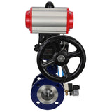 Wasser-Schmetterlingsventil Elephant WBV3EX-3432M-1W-F-ISO, Gehäusematerial - Kohlenstoffstahl, Scheibenmaterial - Edelstahl AISI 316, Dichtung - Metall, pneumatischer Antrieb PA-DA Doppelwirkung, 4V320-08 220V Handrad MON