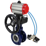 Wasser-Schmetterlingsventil Elephant WBV3EX-3432M-1W-F-ISO, Gehäusematerial - Kohlenstoffstahl, Scheibenmaterial - Edelstahl AISI 316, Dichtung - Metall, pneumatischer Antrieb PA-DA Doppelwirkung, 4V320-08 220V Handrad MON