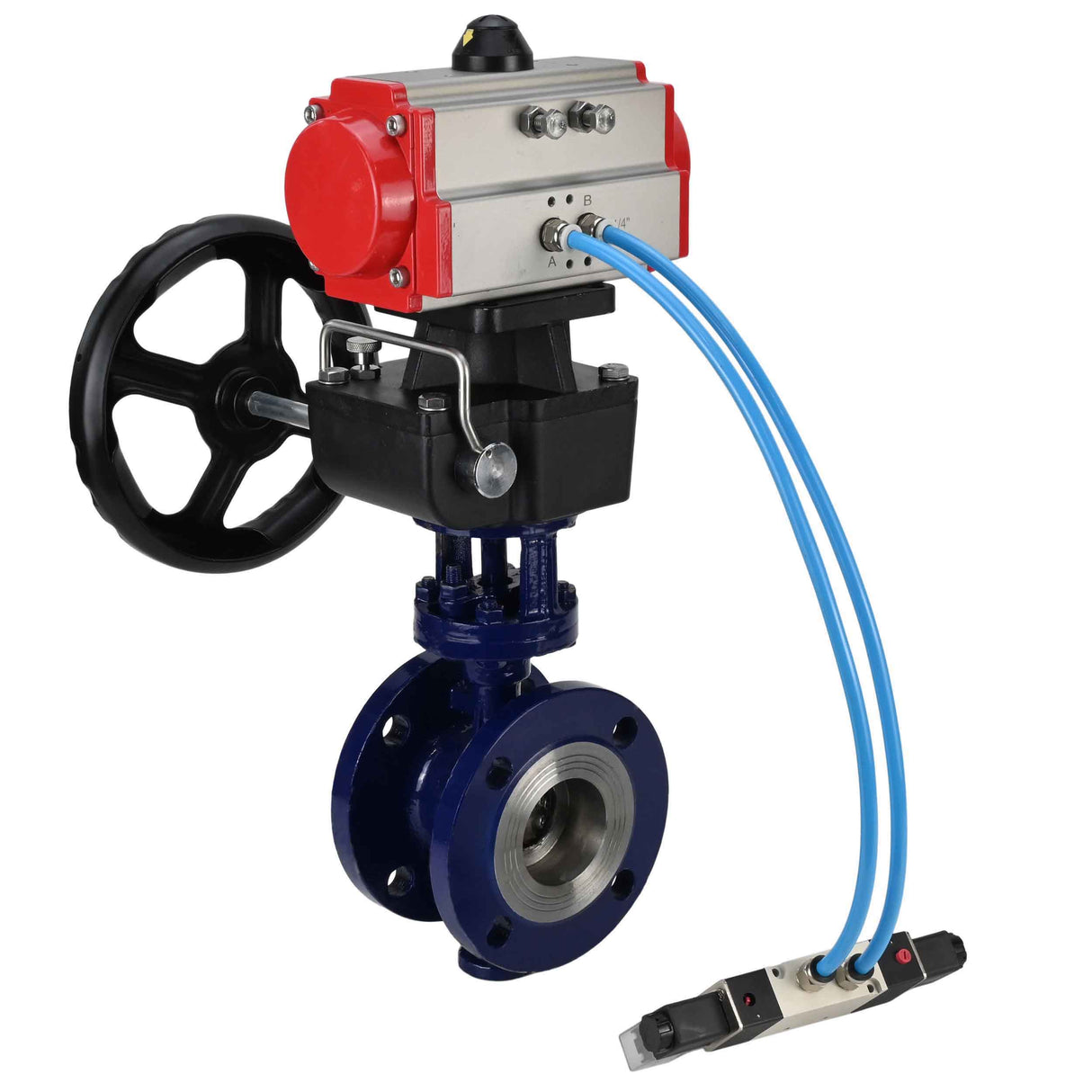 Wasser-Schmetterlingsventil Elephant WBV3EX-3432M-1W-F-ISO, Gehäusematerial - Kohlenstoffstahl, Scheibenmaterial - Edelstahl AISI 316, Dichtung - Metall, pneumatischer Antrieb PA-DA Doppelwirkung, 4V320-08 220V Handrad MON