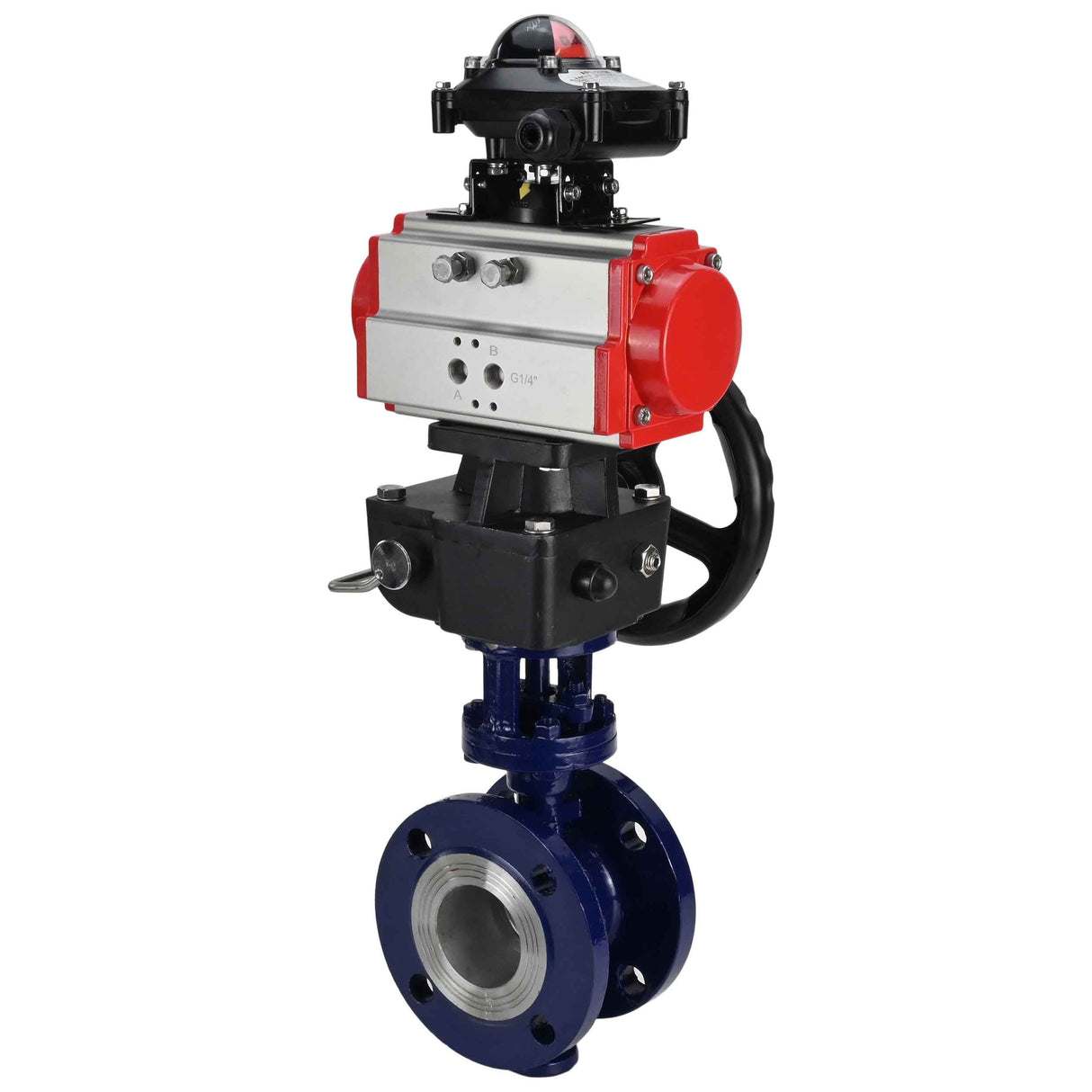 Wasser-Schmetterlingsventil Elephant WBV3EX-3432M-1W-F-ISO, Gehäusematerial - Kohlenstoffstahl, Scheibenmaterial - Edelstahl AISI 316, Dichtung - Metall, pneumatischer Antrieb PA-DA Doppelwirkung, LSU APL-210N, Handrad MON