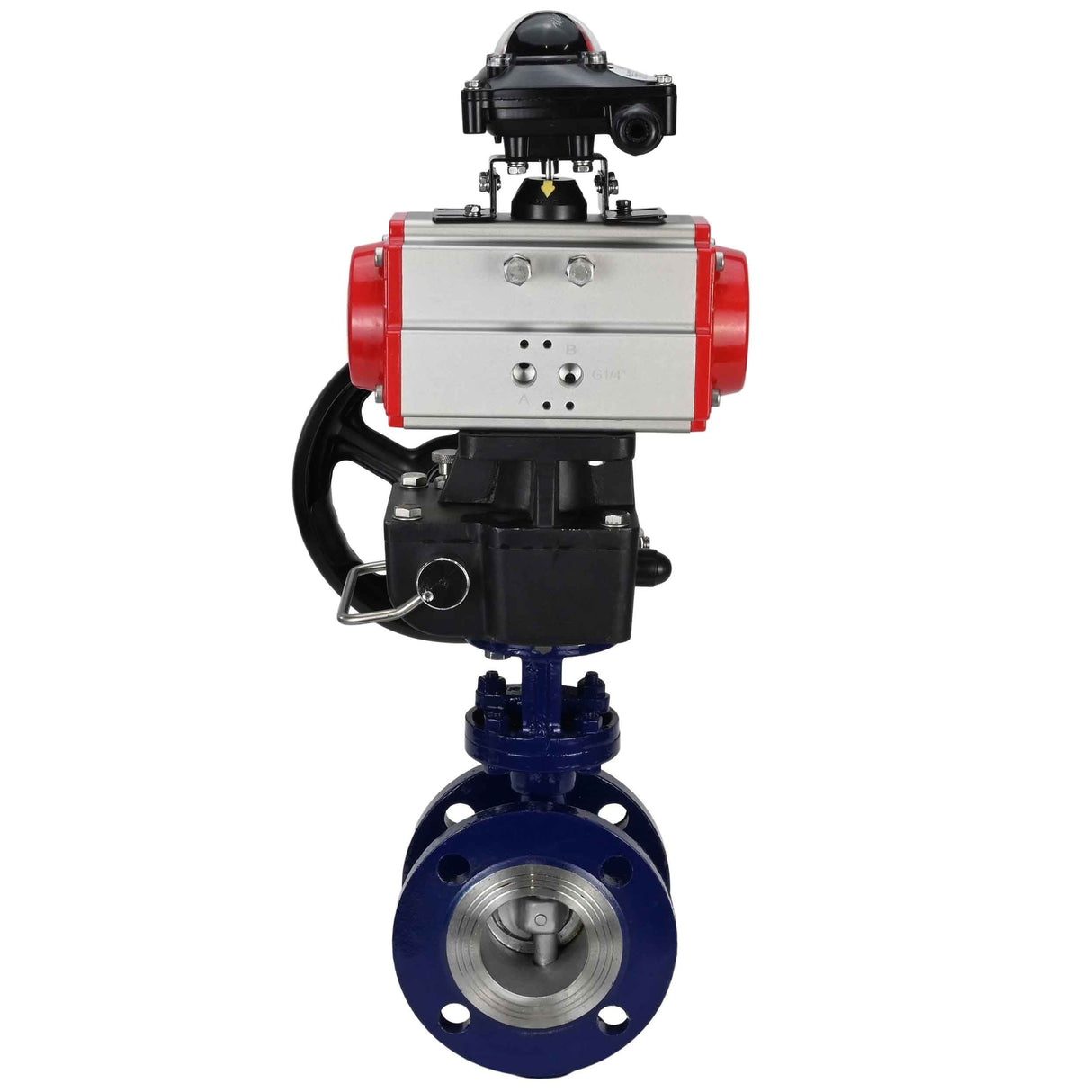 Wasser-Schmetterlingsventil Elephant WBV3EX-3432M-1W-F-ISO, Gehäusematerial - Kohlenstoffstahl, Scheibenmaterial - Edelstahl AISI 316, Dichtung - Metall, pneumatischer Antrieb PA-DA Doppelwirkung, LSU APL-210N, Handrad MON